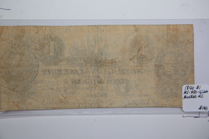 1840 $1, Monroe, Michigan., Obsolete Currency,  Store Sale 0932402