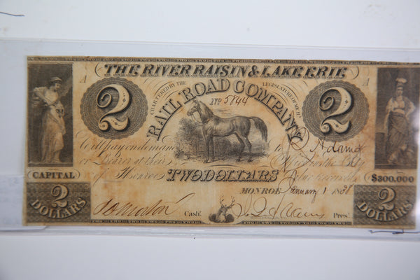 1838 $2, Monroe, Michigan.,  Obsolete Currency,  Store Sale 0932407