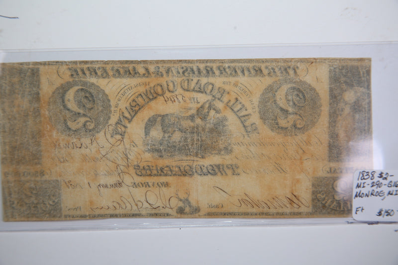 1838 $2, Monroe, Michigan.,  Obsolete Currency,  Store Sale 0932407