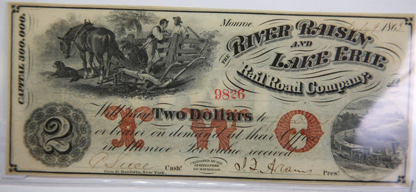 1863 $2, Monroe, Michigan.,  Obsolete Currency,  Store Sale 0932408