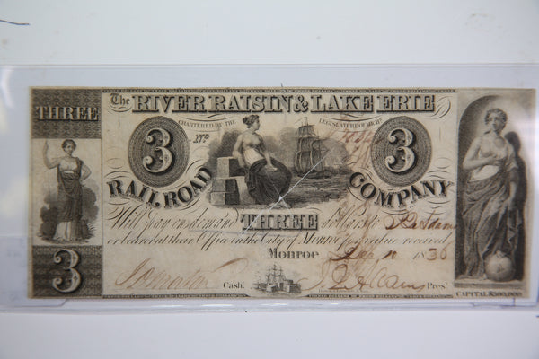 1838 $3, Monroe, Michigan., Obsolete Currency,  Store Sale 0932411
