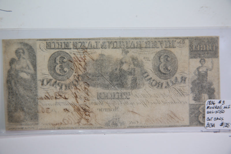 1838 $3, Monroe, Michigan., Obsolete Currency,  Store Sale 0932411
