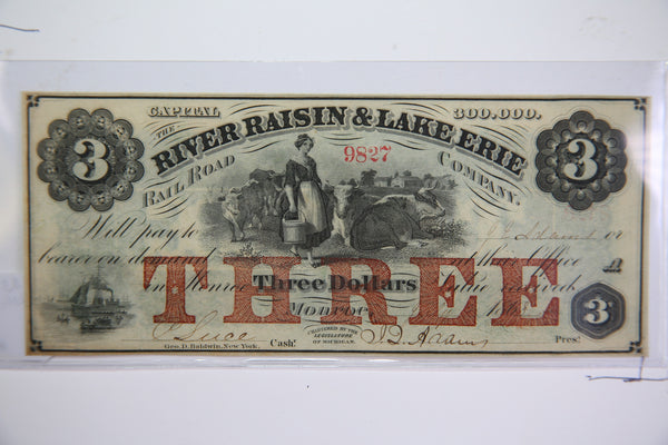 1863 $3, Monroe, Michigan., Obsolete Currency,  Store Sale 0932413