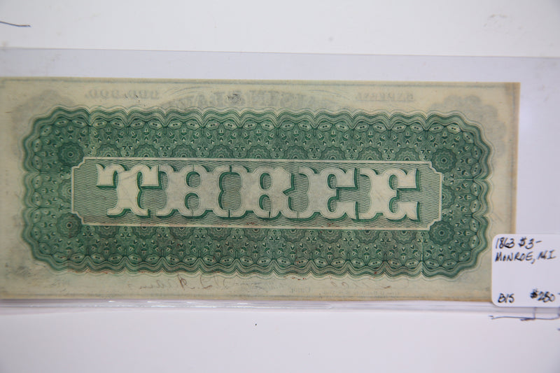 1863 $3, Monroe, Michigan., Obsolete Currency,  Store Sale 0932413