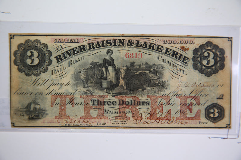 1863 $3, Monroe, Michigan., **ADVERTISEMENT** Obsolete Currency,  Store Sale 0932413