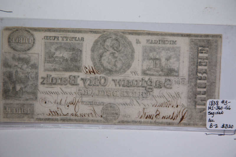 1838 $3, Saginaw, Michigan., Obsolete Currency, Store Sale 0932419