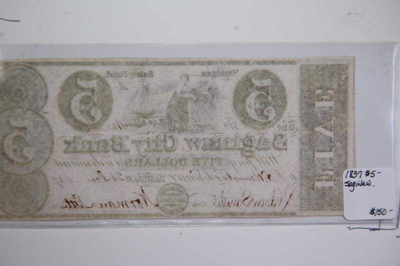 1838 $5, Saginaw, Michigan., Obsolete Currency, Store Sale 0932420
