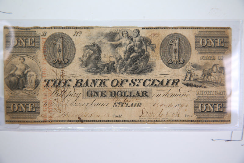 1843 $1, St Clair, Michigan., Obsolete Currency, Store Sale 0932425