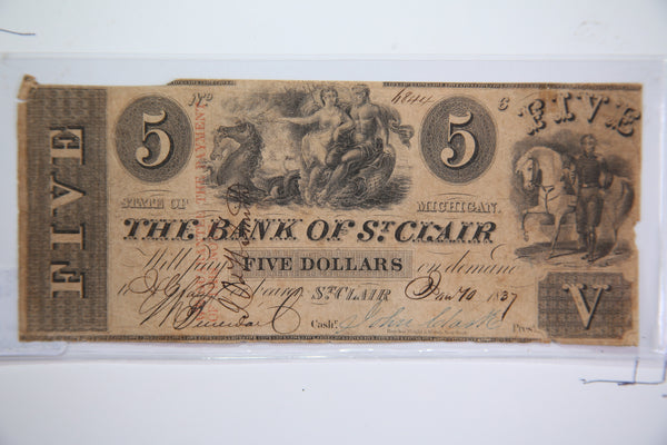 1837 $5, St Clair, Michigan., Obsolete Currency, Store Sale 0932427