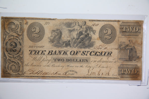 1843 $2, St Clair, Michigan., Obsolete Currency, Store Sale 0932437