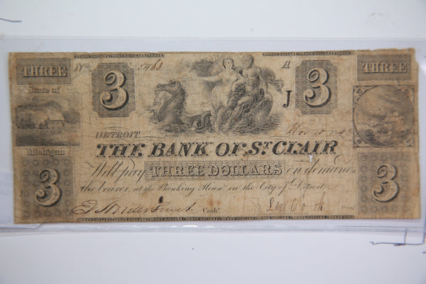 1843 $3, St Clair, Michigan., Obsolete Currency, Store Sale 0932438
