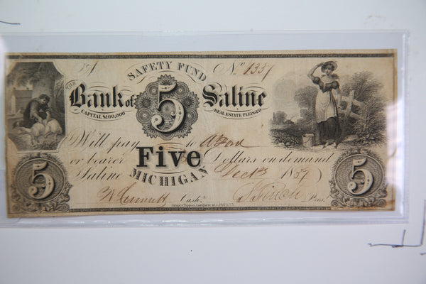 1837 $5, Saline, Michigan., Obsolete Currency, Store Sale 0932444