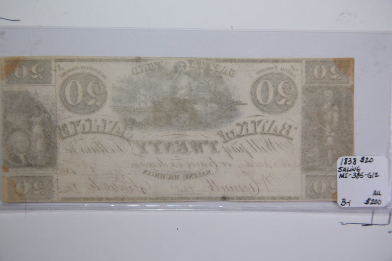 1838 $20, Saline, Michigan., Obsolete Currency, Store Sale 0932447