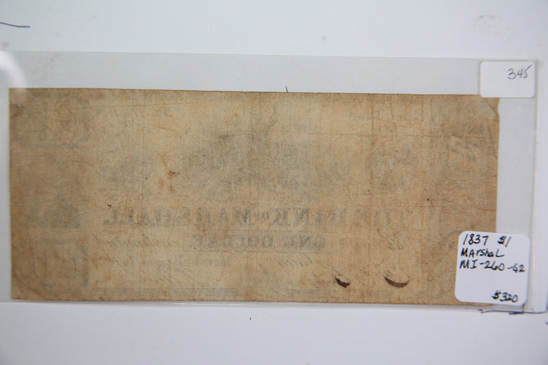 1837 $1, Marshall, Michigan., Obsolete Currency, Store Sale 0932481