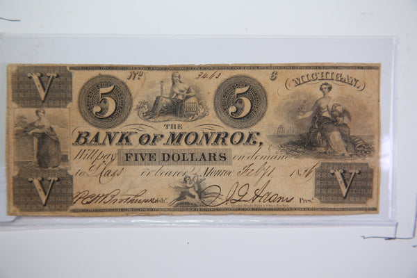 1836 $5, Monroe., Michigan.,  Obsolete Currency, Store Sale 09322538