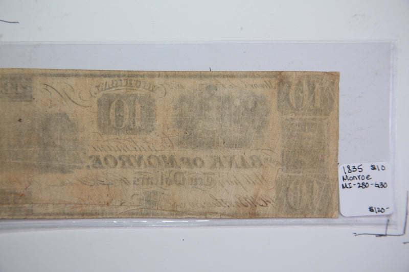 1835 $10, Monroe., Michigan.,  Obsolete Currency, Store Sale 09322539