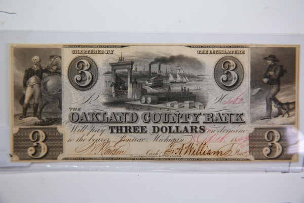 1843 $3, Pontiac., Michigan., Obsolete Currency, Store Sale 09322556