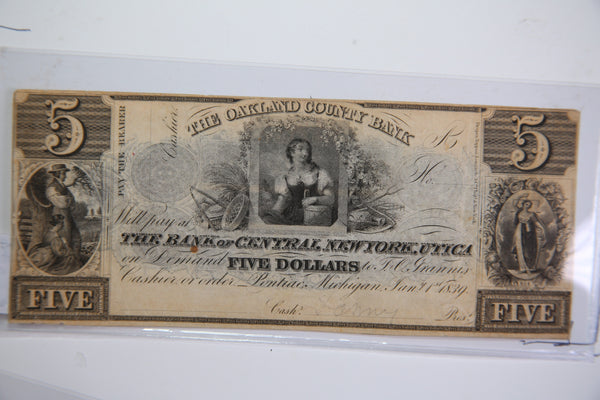 1839 $5, Pontiac., Michigan., Obsolete Currency, Store Sale 09322558