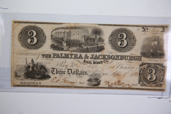 1838 $3, Palmyra., Michigan., Obsolete Currency, Store Sale 09322565