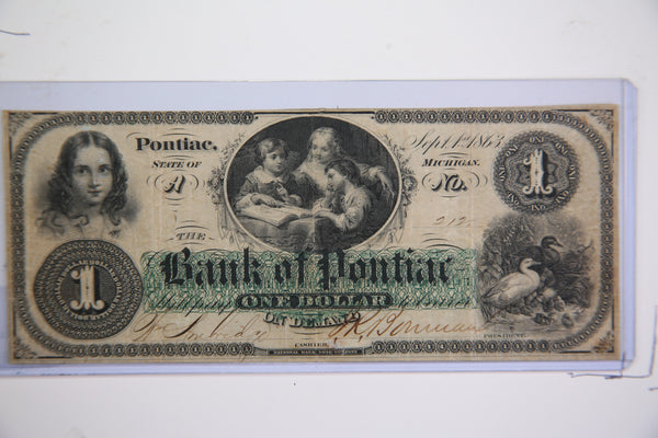 1863 $1, Pontiac., Michigan., Obsolete Currency, Store Sale 09322568