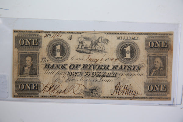 1844 $1, Monroe., Michigan., Obsolete, Currency, Store Sale 09322579