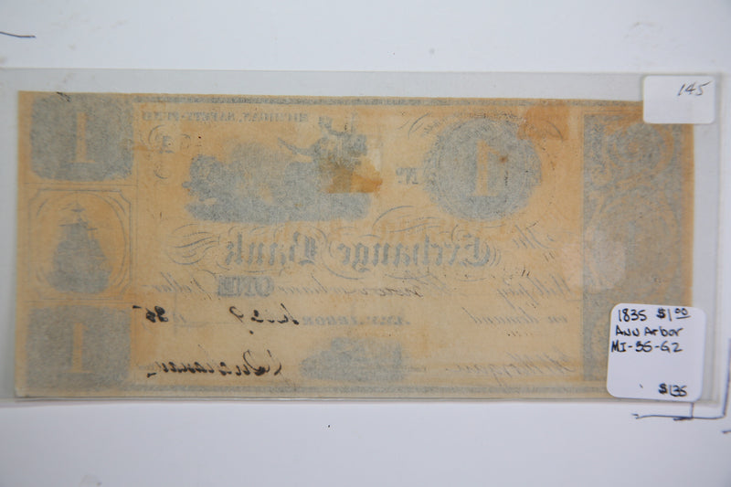 1835 $1, Ann Arbor., Michigan., Obsolete, Currency, Store Sale 09322588
