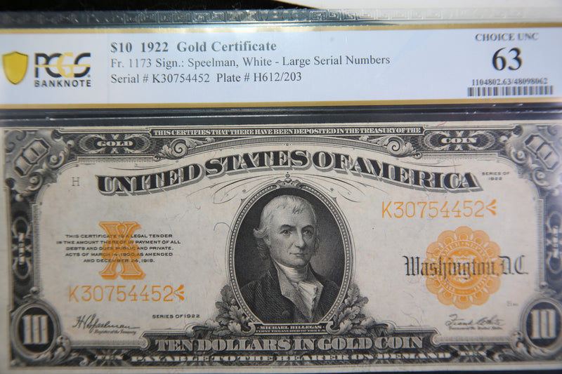 1922 $10 Gold Certificate.,  Choice Uncirculated., Affordable Priced. Store