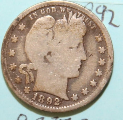 1892 Barber Silver Quarter, Affordable Circulated Coin. Store #QR1095