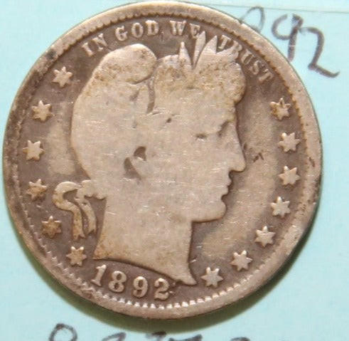 1892 Barber Silver Quarter, Affordable Circulated Coin. Store #231215001