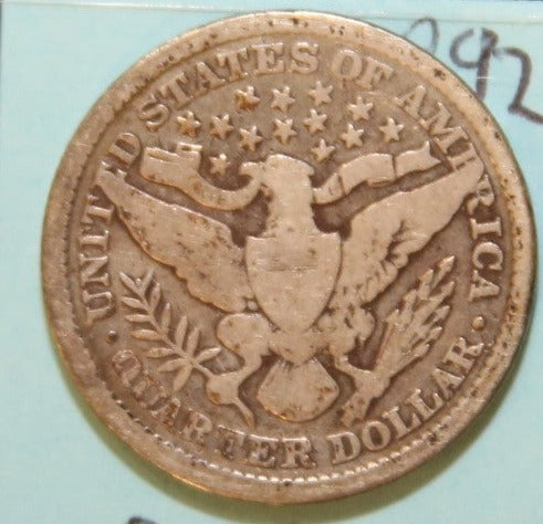 1892 Barber Silver Quarter, Affordable Circulated Coin. Store #QR1095