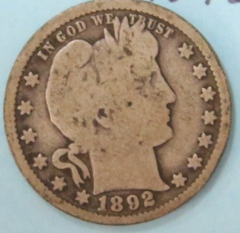 1892 Barber Silver Quarter, Affordable Circulated Coin. Store #QR1096