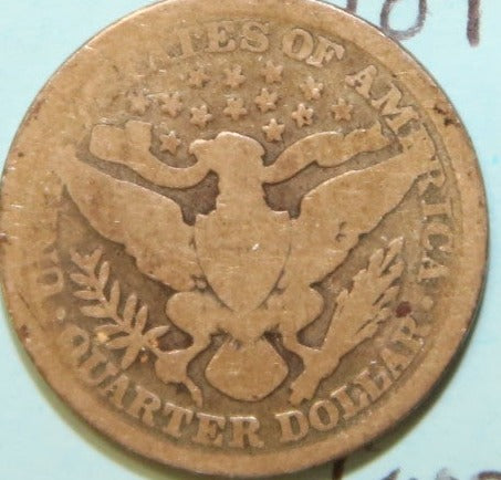 1892 Barber Silver Quarter, Circulated Good Details. Store #QR1097