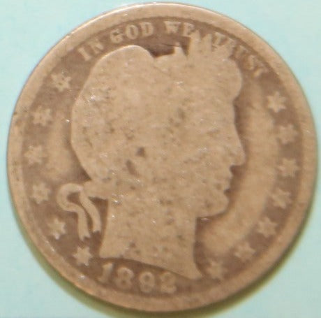 1892 Barber Silver Quarter, Circulated Good Details. Store #231215004