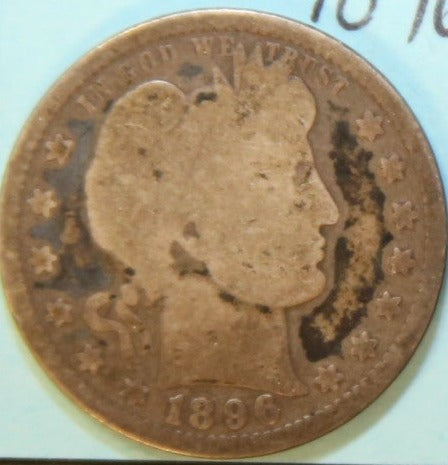 1896 Barber Silver Quarter, Very Good Circulated Coin. Store #QR1100