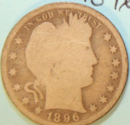 1896 Barber Silver Quarter, Very Good Circulated Coin. Store #QR1101