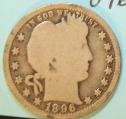 1896 Barber Silver Quarter, Very Good Circulated Coin, Store #QR1102