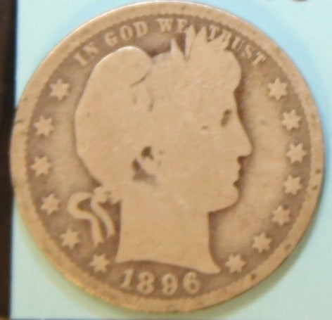 1896-O Barber Silver Quarter, Average Circulated Coin. Store #QR1105