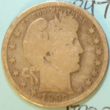 1897 Barber Silver Quarter, Good Circulated Coin, Store #QR1108
