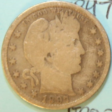 1897 Barber Silver Quarter, Circulated Coin Good Details. Store #231215068