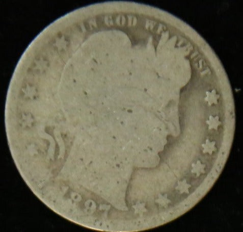 1897 Barber Silver Quarter, Good Circulated Coin. Store #QR1109