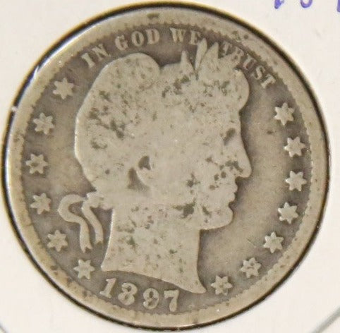 1897 Barber Silver Quarter, Good Circulated Coin. Store #QR1110