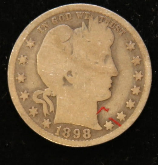 1898-O Barber Quarter, Very Good Circulated Coin, Store #QR1118