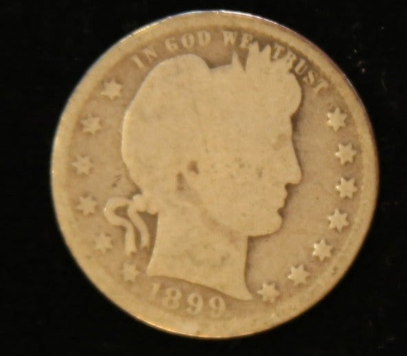 1899 Barber Quarter, About Good Circulated Coin. Store #QR1124