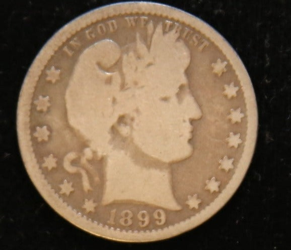 1899 Barber Quarter, Good Circulated Coin. Store #QR1125