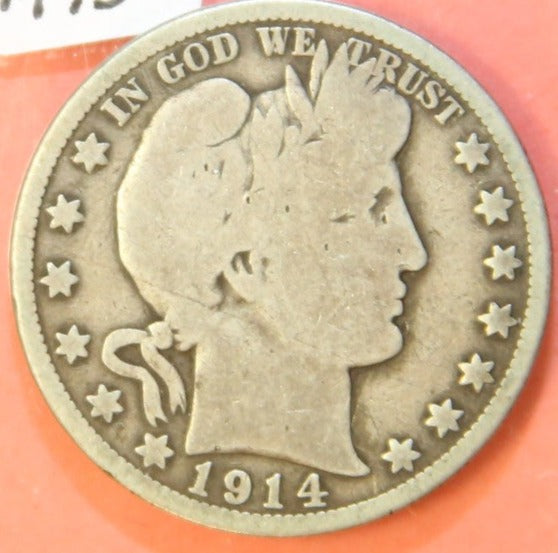 1914 Barber Half Dollar, Very Good Circulated Coin, Store #HR423