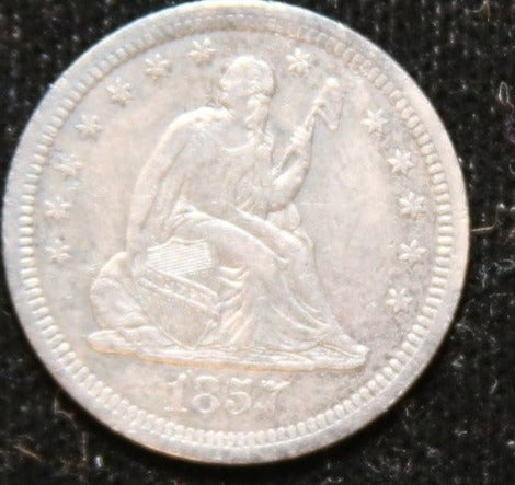 1857-S Seated Liberty Silver Quarter, Nice AU Details, Store #242448