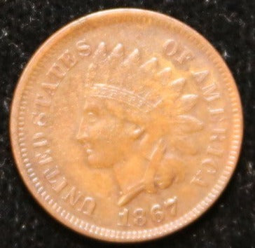 1867 Small Cent Indian Head,, L on Ribbon AU details. Store