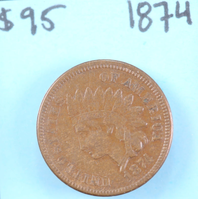 1874 Indian Head Cent, Circulated Affordable Coin, Store