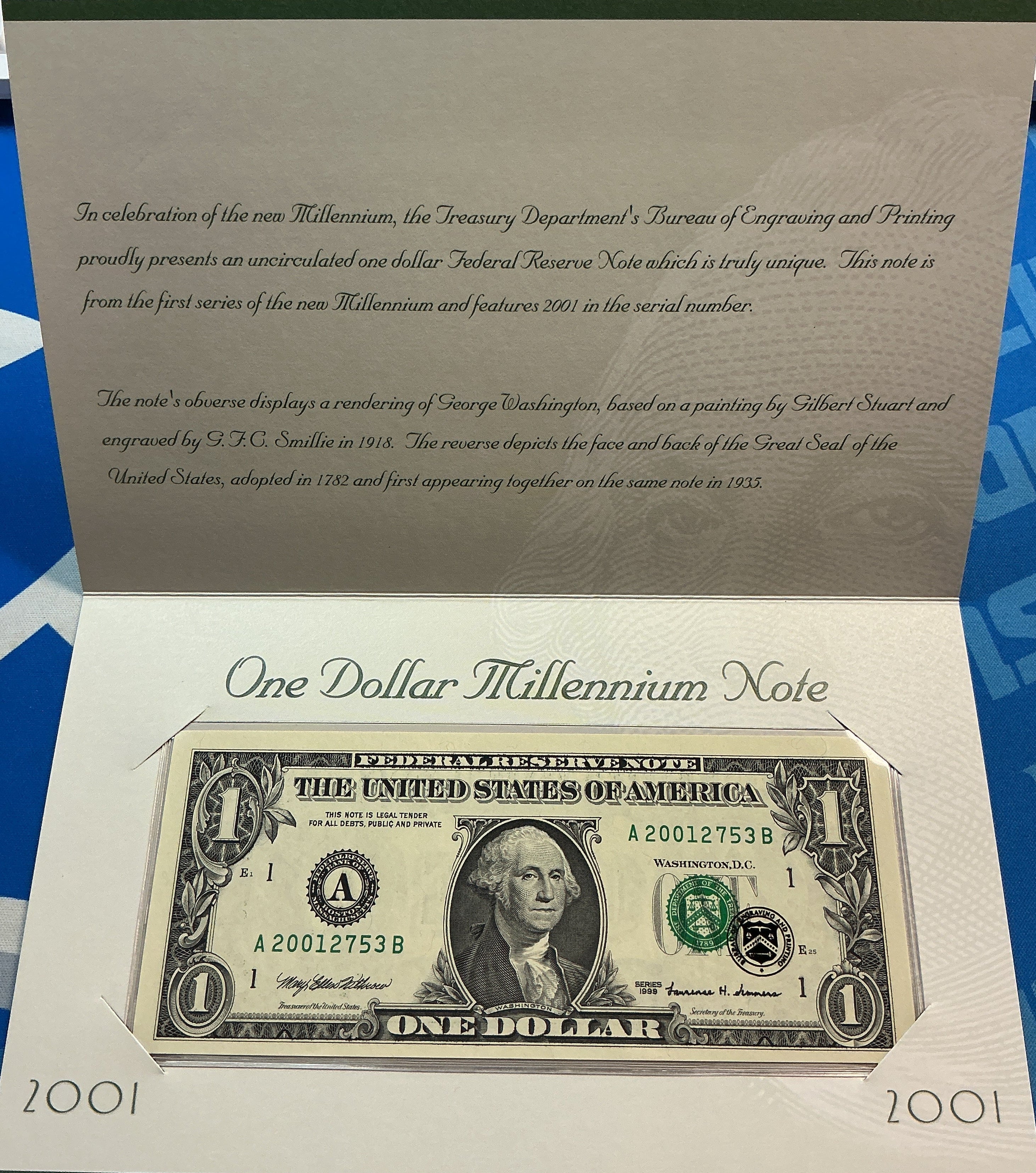 2001 $1 Millennium Note, 1999 Series, F.R.N., Store #FRN034