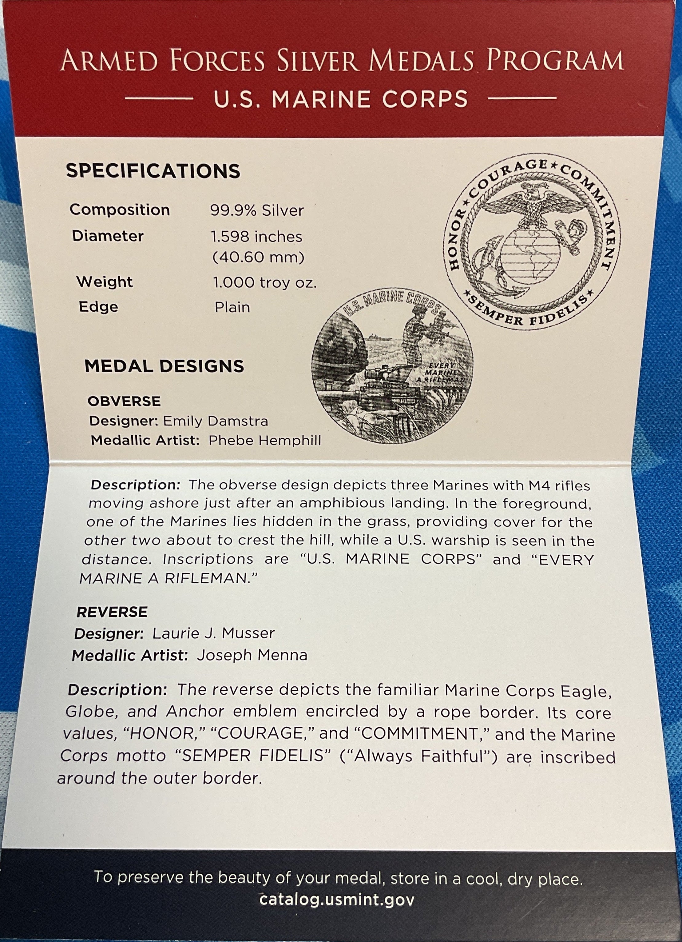 U.S. Mint, Armed Forces Silver Medal, U.S. Marine Corps, #SR010